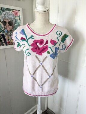 Beldoch Popper Vintage Short Sleeve Colorful Floral Sweater Medium Art to Wear
